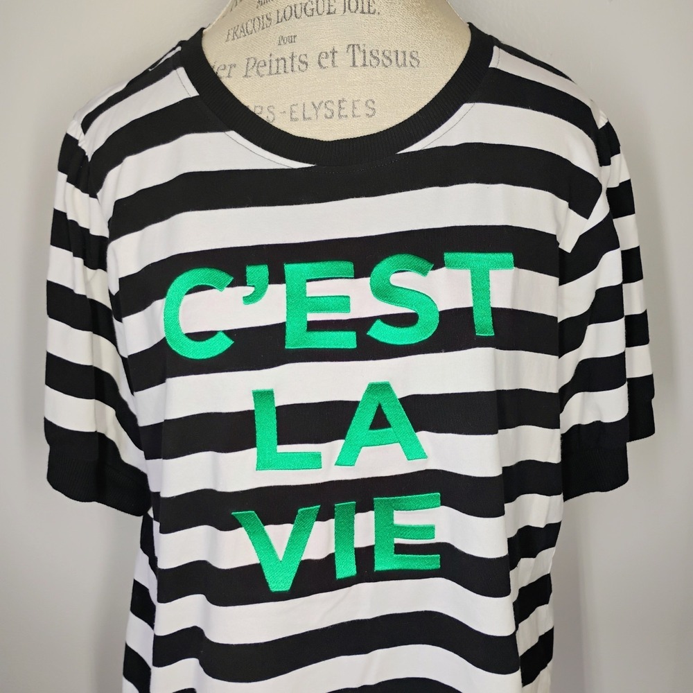KARL LAGERFELD PARIS Women's C'est La Vie Striped Graphic Top Black White XL - Picture 2 of 8